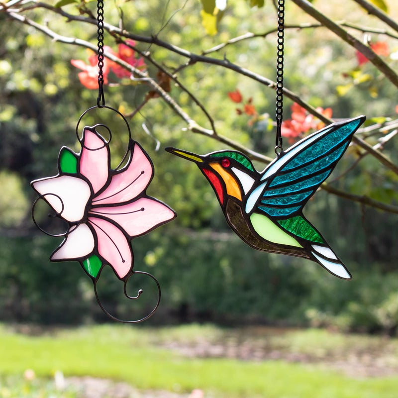 HAOSUM الطائر الطنان مع زهرة الزنبق الزجاج الملون نافذة الشنق زينة الطيور الطنانة suncatcher لنافذة اليدوية الزجاج الملون زهرة الزنبق ديكور المنزل هدية للأم - Image 3